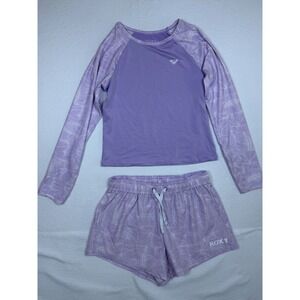 Roxy Girls Lilac Patterned Rash Guard Long Sleeve Top & Shorts Swim Set M 10/12